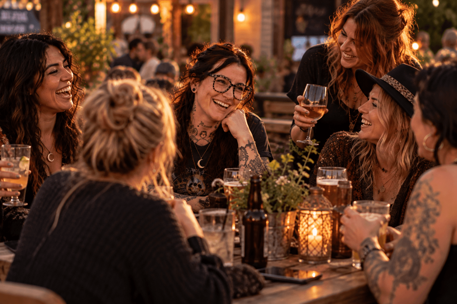 AI-created editorial concept: women enjoying an evening conversation in a warmly lit pub garden.